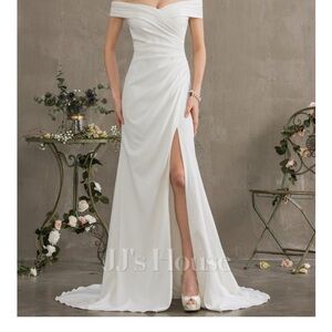 JJ’s House Off the Shoulder Sweep Train Stretch Crepe Wedding Dress